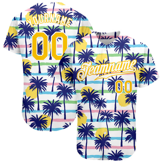 Custom White Gold-White 3D Pattern Design Hawaii Palm Trees Authentic Baseball Jersey - Sky-Custom
