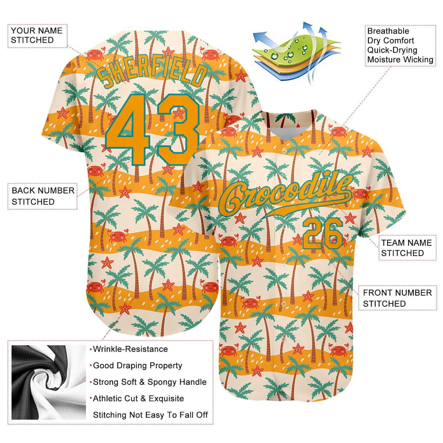 Custom White Gold-Teal 3D Pattern Design Hawaii Palm Trees Authentic Baseball Jersey - Sky-Custom