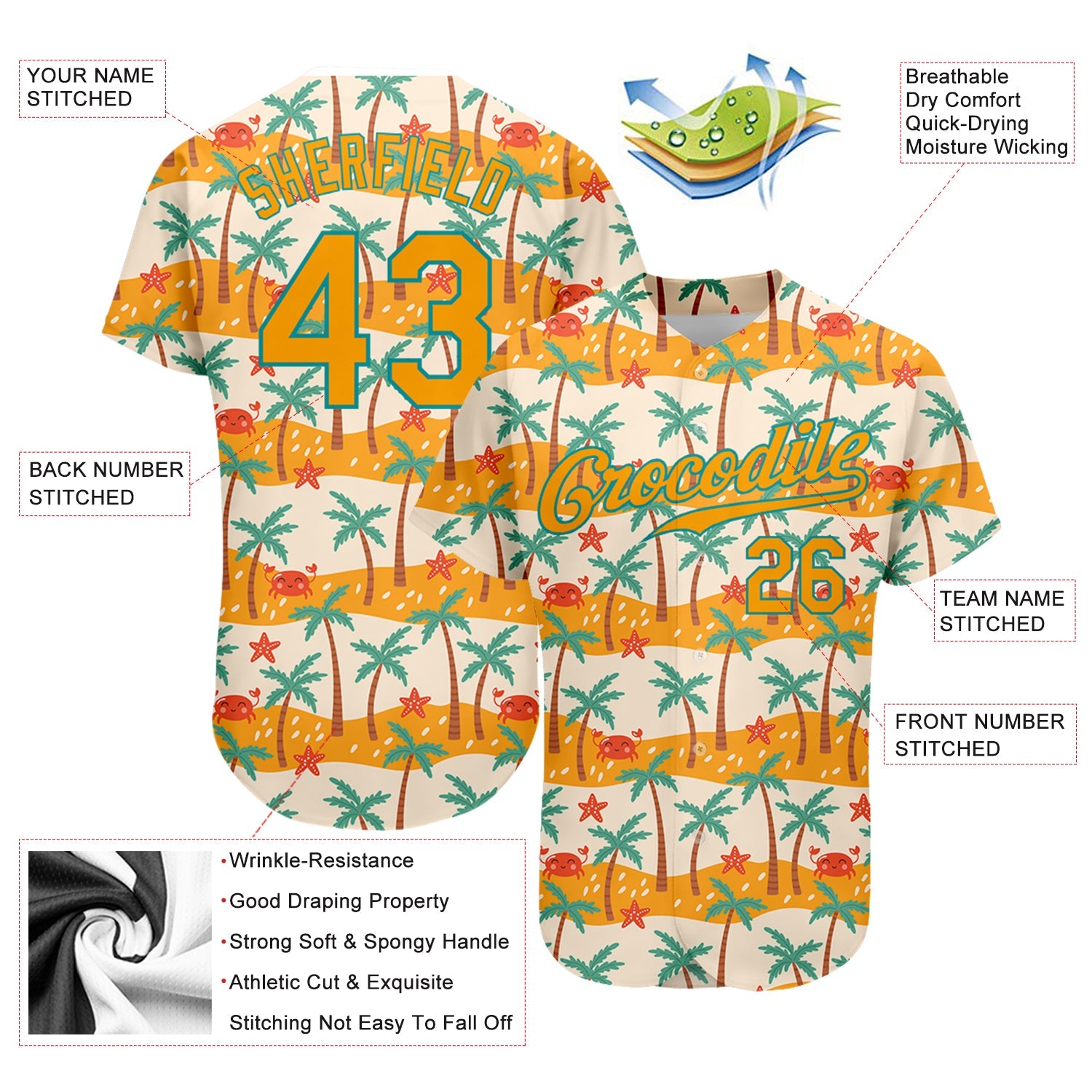 Custom White Gold-Teal 3D Pattern Design Hawaii Palm Trees Authentic Baseball Jersey - Sky-Custom