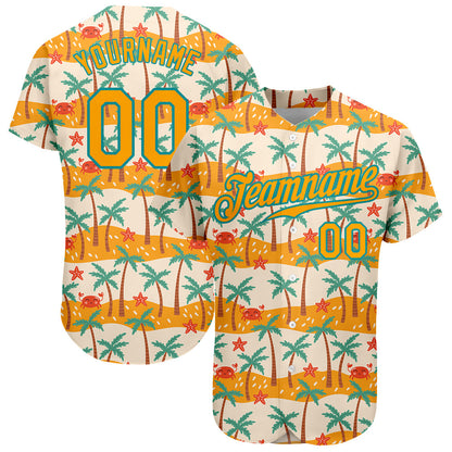 Custom White Gold-Teal 3D Pattern Design Hawaii Palm Trees Authentic Baseball Jersey - Sky-Custom