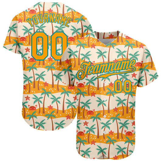 Custom White Gold-Teal 3D Pattern Design Hawaii Palm Trees Authentic Baseball Jersey - Sky-Custom