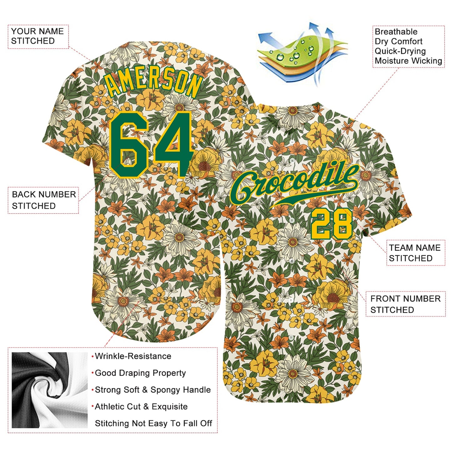 Custom White Kelly Green-Gold 3D Pattern Design Flowers Authentic Baseball Jersey - Sky-Custom