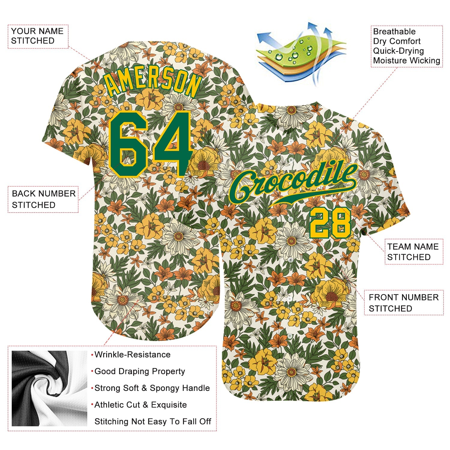 Custom White Kelly Green-Gold 3D Pattern Design Flowers Authentic Baseball Jersey - Sky-Custom
