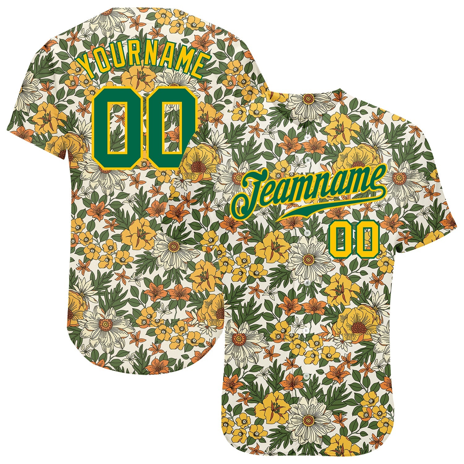 Custom White Kelly Green-Gold 3D Pattern Design Flowers Authentic Baseball Jersey - Sky-Custom