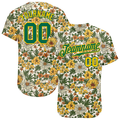 Custom White Kelly Green-Gold 3D Pattern Design Flowers Authentic Baseball Jersey - Sky-Custom