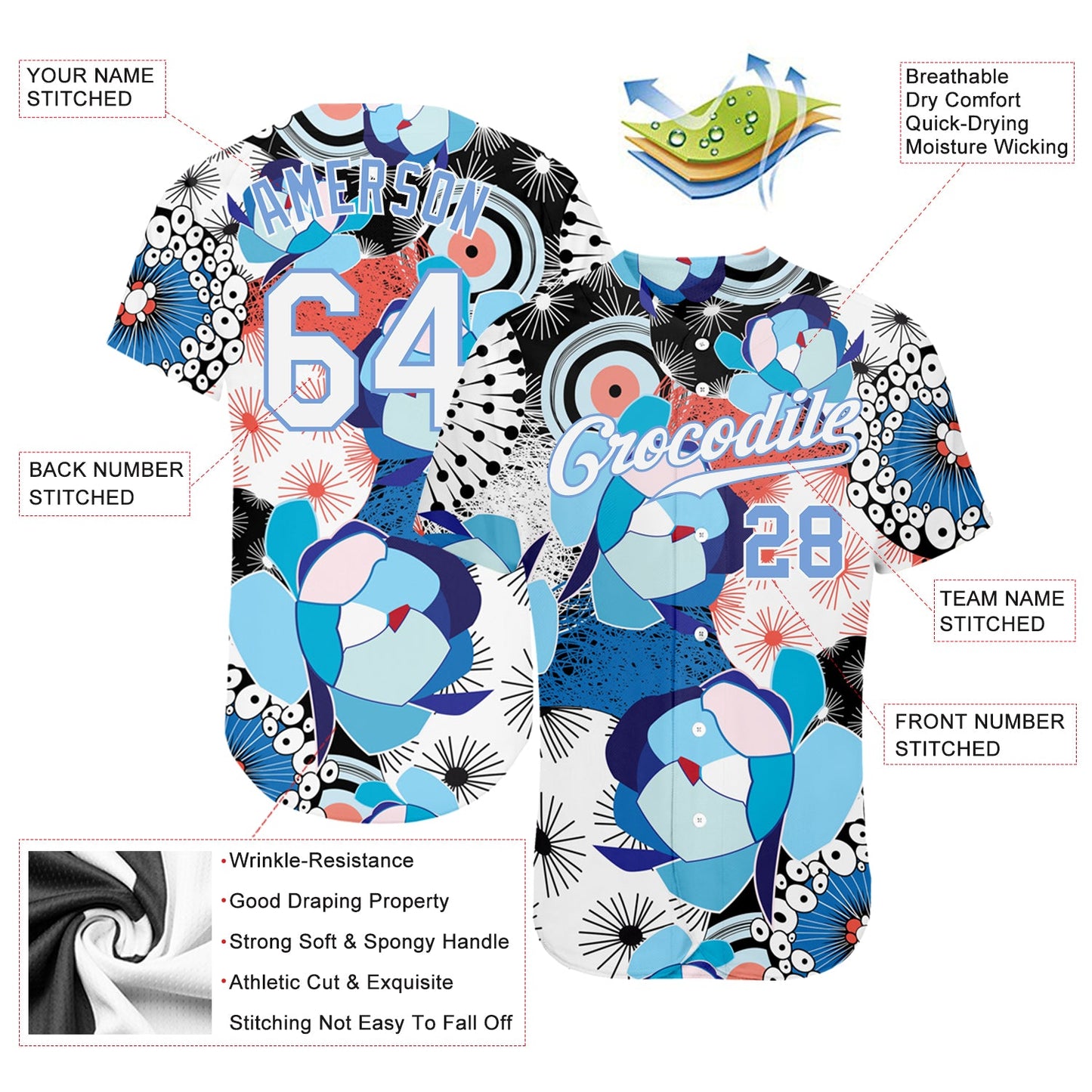 Custom White White-Light Blue 3D Pattern Design Flowers Authentic Baseball Jersey - Sky-Custom