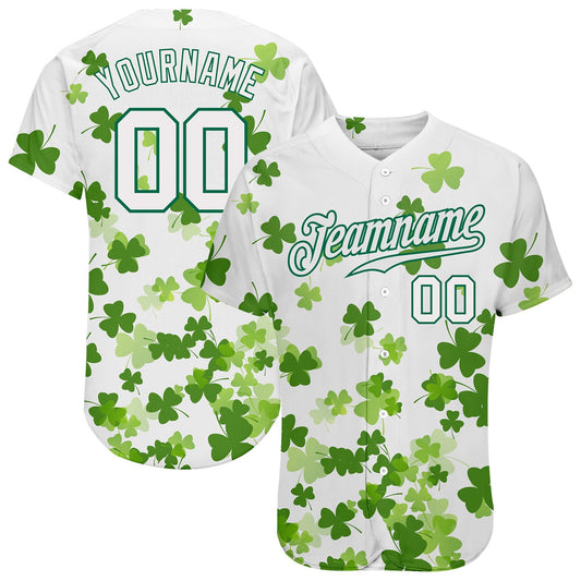 Custom White White-Kelly Green 3D Pattern Design Authentic St. Patrick's Day Baseball Jersey - Sky-Custom