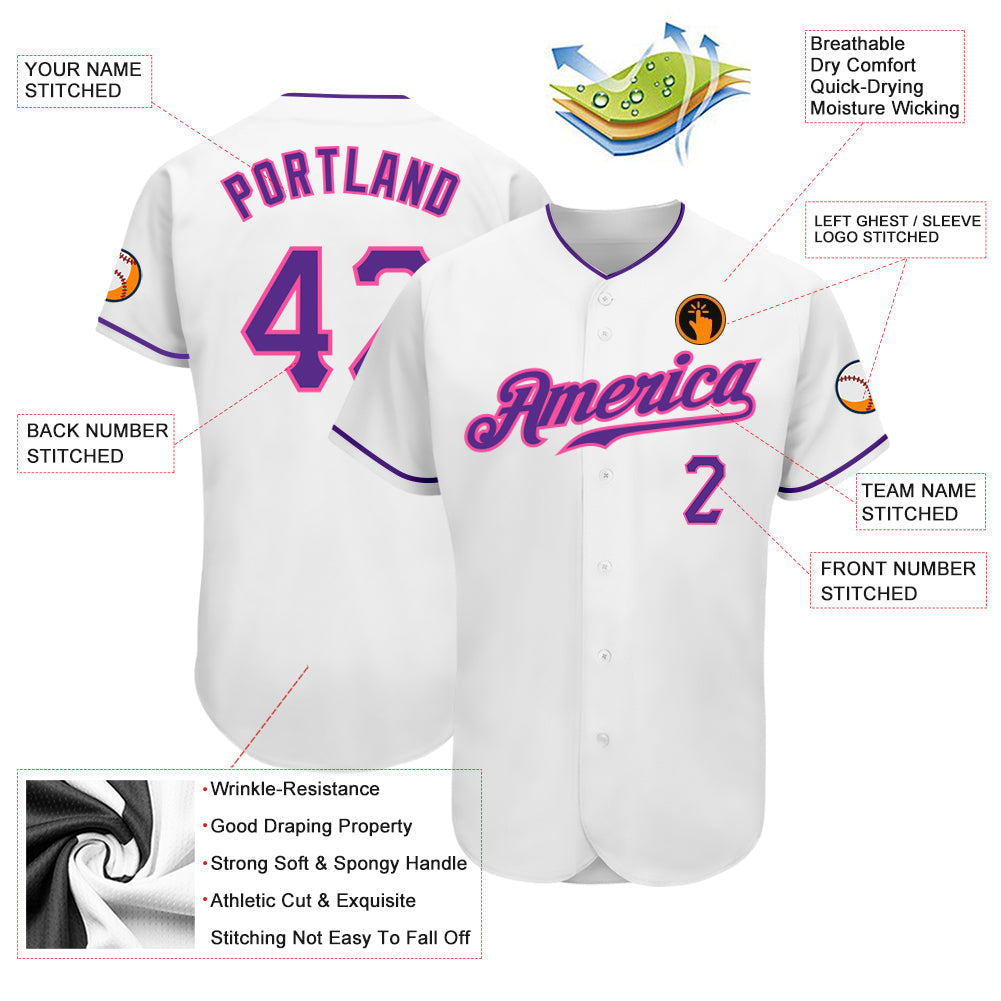 Custom White Purple-Pink Authentic Baseball Jersey - Sky-Custom