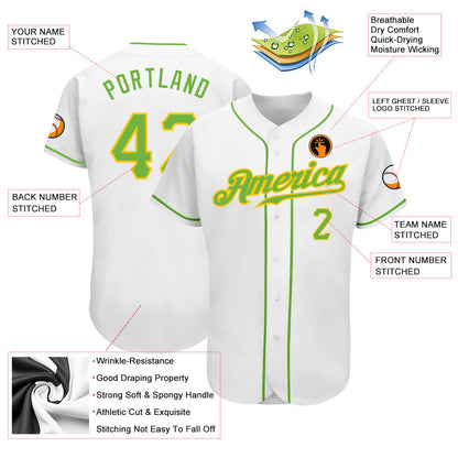 Custom White Neon Green-Gold Authentic Baseball Jersey - Sky-Custom