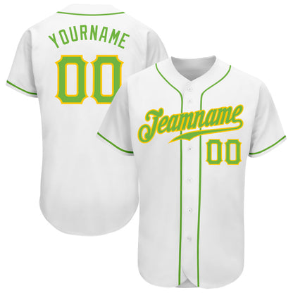 Custom White Neon Green-Gold Authentic Baseball Jersey - Sky-Custom