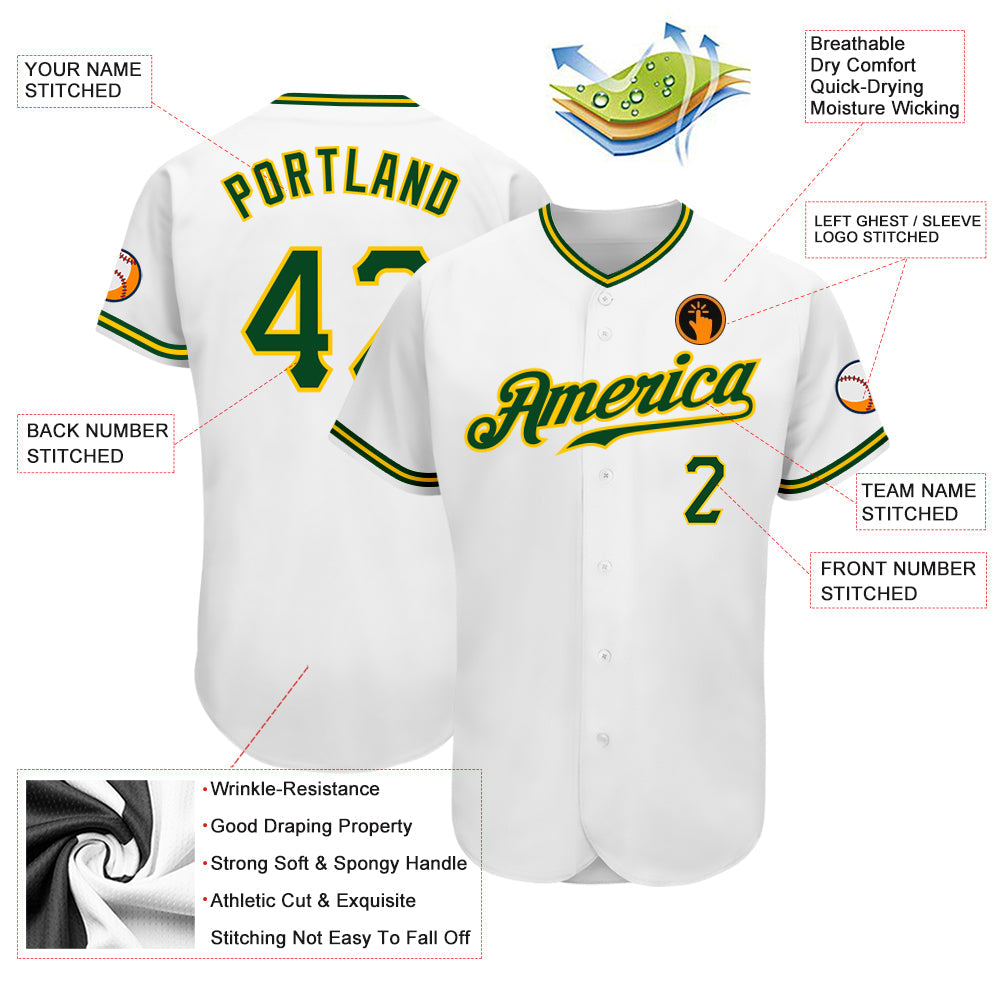 Custom White Green-Gold Authentic Baseball Jersey - Sky-Custom