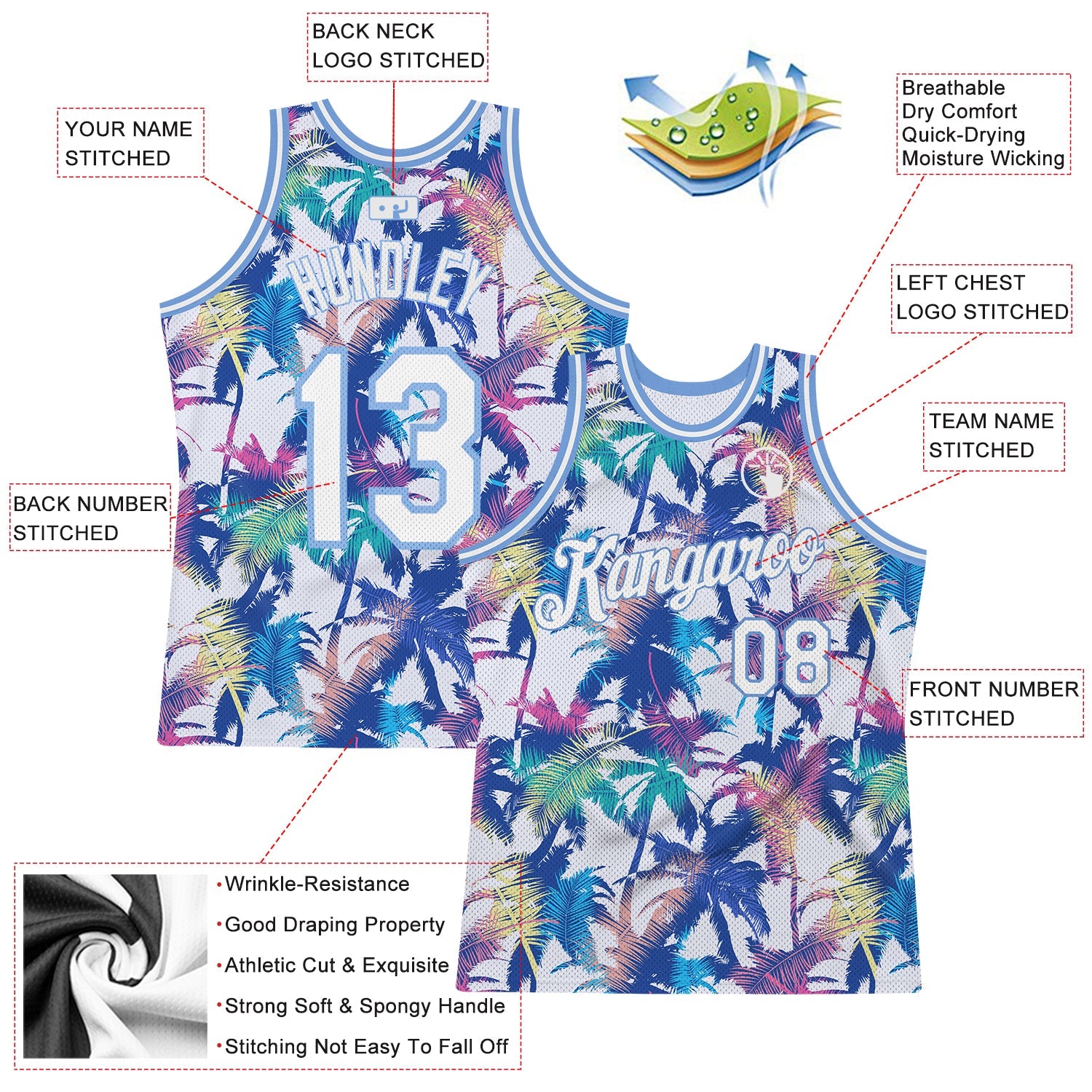 Custom White White-Light Blue 3D Pattern Hawaii Palm Trees Authentic Basketball Jersey - Sky-Custom