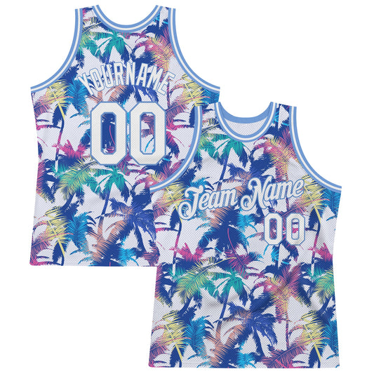 Custom White White-Light Blue 3D Pattern Hawaii Palm Trees Authentic Basketball Jersey - Sky-Custom